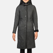 Vue détaillée of Buckled Collar &amp; Button Hardware on Women's Alina Shearling Noir Manteau en Cuir pour Femme