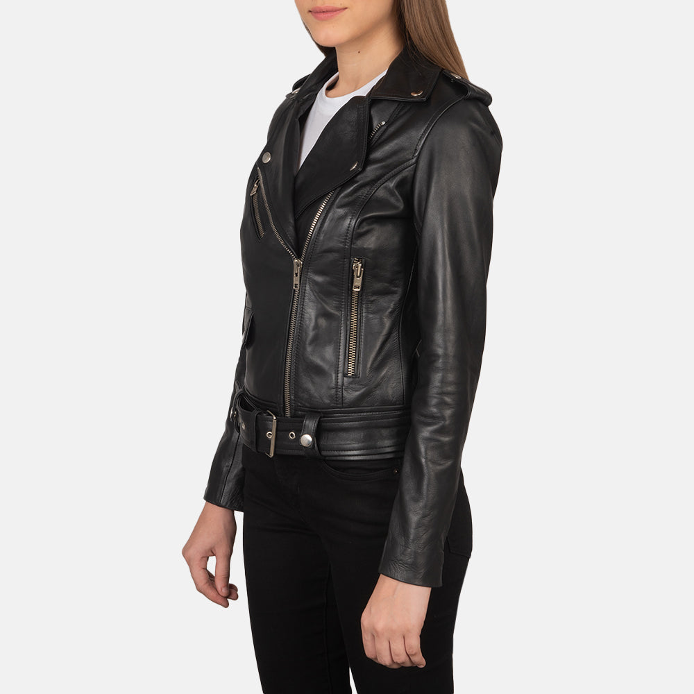 Vue détaillée of Notch &amp; Zipper Hardware on Women's Alison Noir Veste Motard en Cuir pour Femme