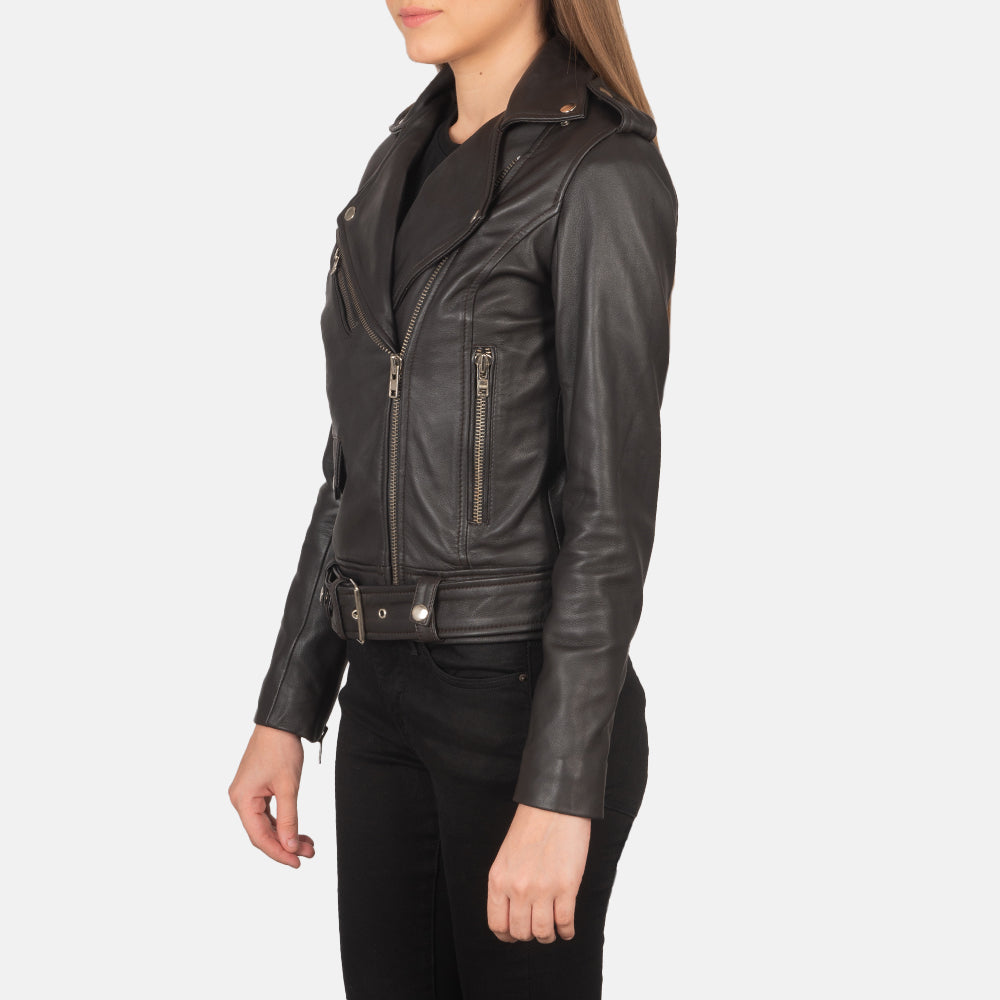 
Brown Sheepskin Leather Biker Jacket - Vue arrière montrant la carrure ajustée et l'ourlet net