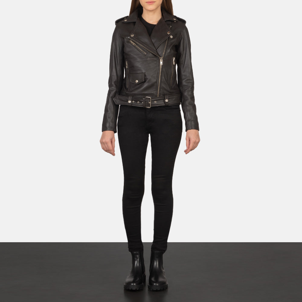 
Alison Marron Veste Motard en Cuir pour Femme - Vue de profil mettant en valeur la coupe de manche ergonomique