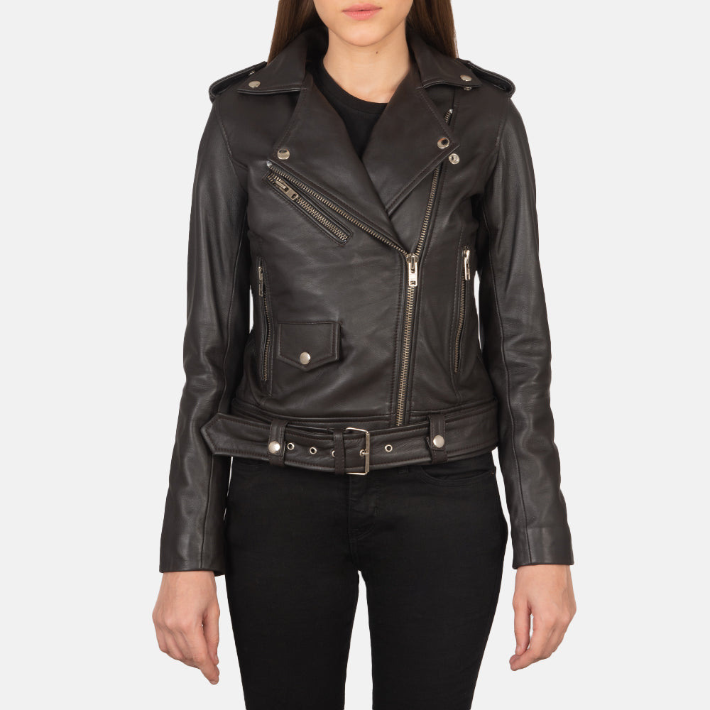 
Vue détaillée of Notch & Zipper Hardware on Alison Marron Veste Motard en Cuir pour Femme