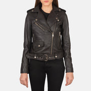 
Vue détaillée of Notch & Zipper Hardware on Alison Marron Veste Motard en Cuir pour Femme