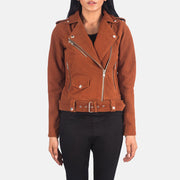 Women's Alison Marron Suede Veste Motard en Cuir pour Femme in Brown Goatskin Suede - Vue de face &amp; silhouette ajustée | Acheter en ligne