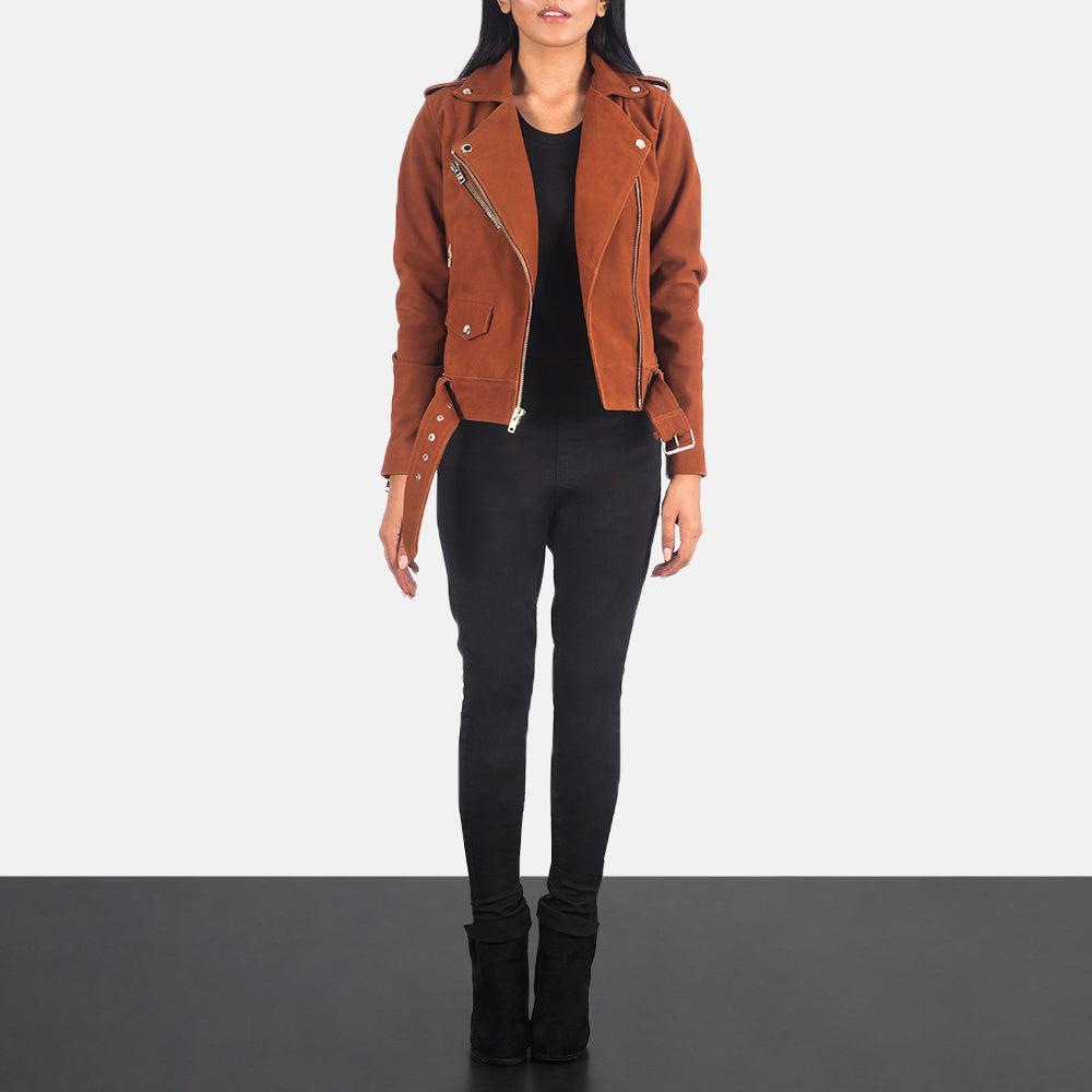 Women's Alison Marron Suede Veste Motard en Cuir pour Femme - Vue de profil avec coupe de manche ergonomique