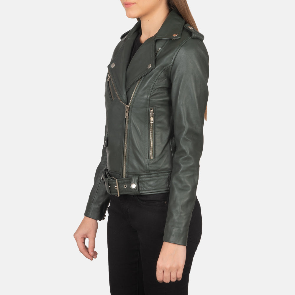 Green Sheepskin Leather Biker Jacket - Vue de dos avec coupe ajustée aux épaules &amp; ourlet soigné