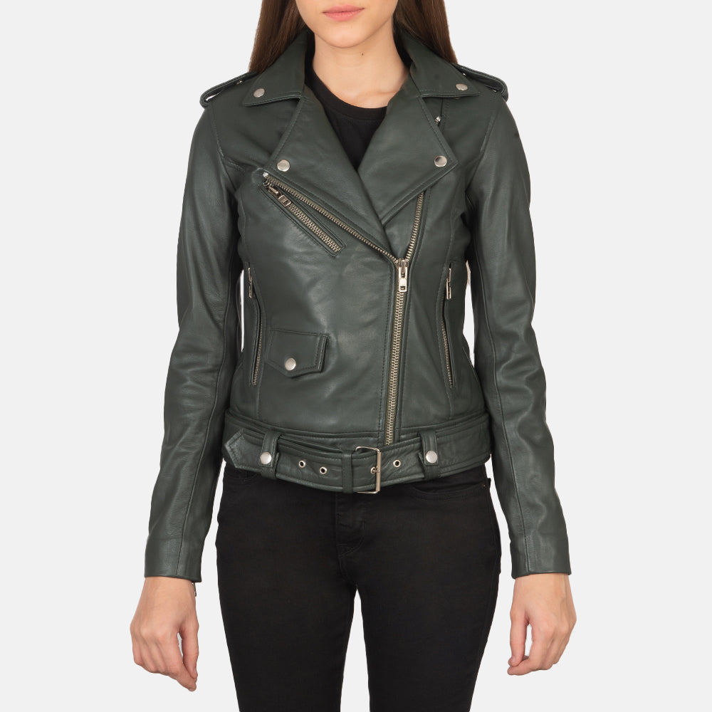 Vue détaillée of Notch &amp; Zipper Hardware on Women's Alison Vert Veste Motard en Cuir pour Femme