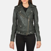 Vue détaillée of Notch &amp; Zipper Hardware on Women's Alison Vert Veste Motard en Cuir pour Femme