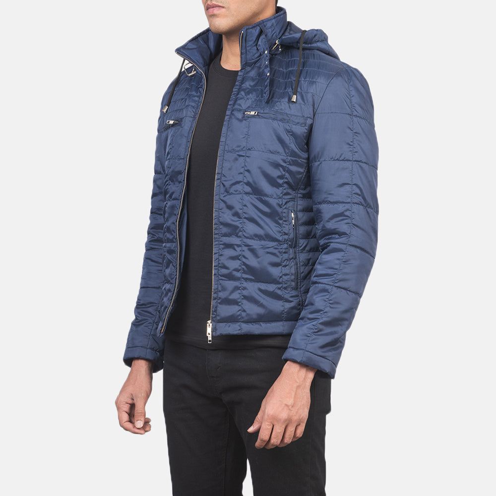 Blue Nylon Winter Jacket - Vue de dos avec coupe ajustée aux épaules &amp; ourlet soigné