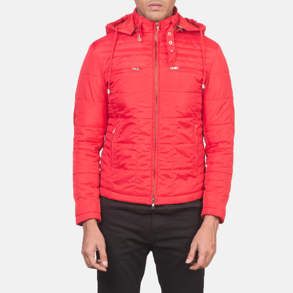 Vue détaillée of High neck with Belt &amp; Zipper Hardware on Men's Alps Quilted Red Windbreaker Jacket