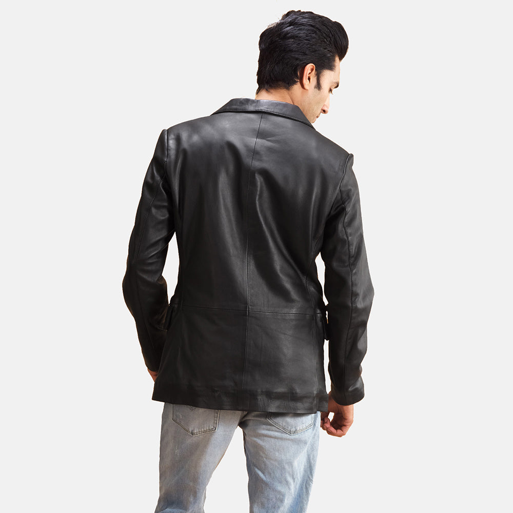 Vue détaillée of Notch &amp; Button Hardware on Alyson Noir Blazer en Cuir en Cuir pour Homme