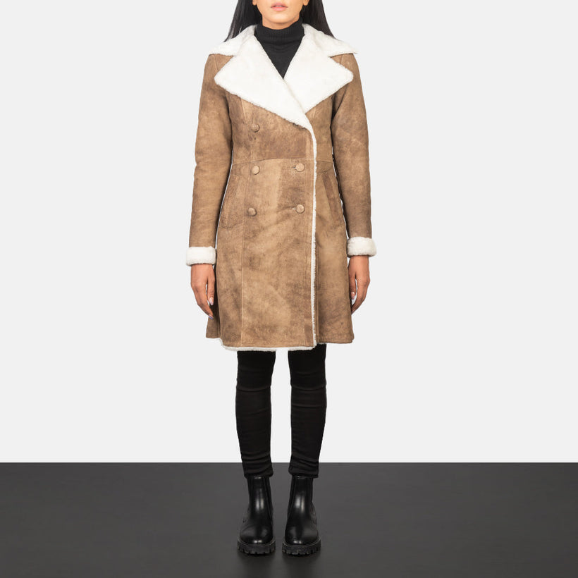 Amie Patine Usée Marron Double-Breasted Shearling Manteau en Cuir pour Femme