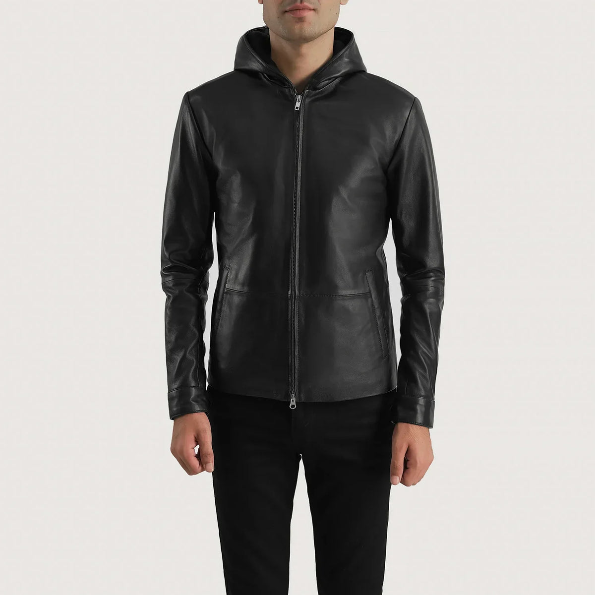 Men's Andy Matte Noir Hooded Veste en Cuir pour Homme in Matte Black Sheepskin Leather - Vue de face &amp; silhouette ajustée | Acheter en ligne