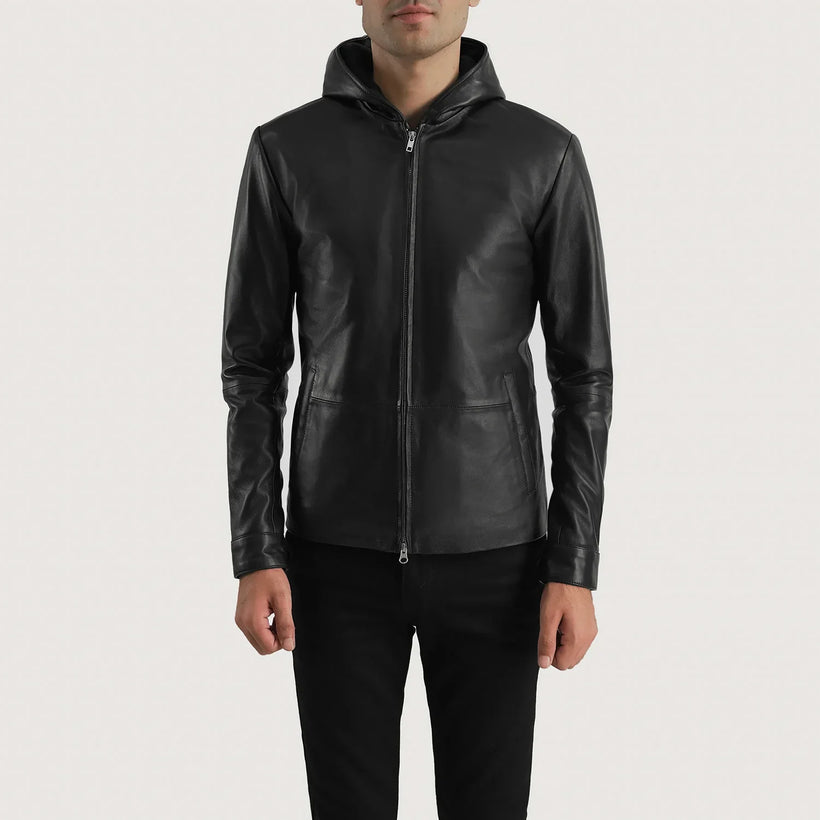 Andy Matte Noir Hooded Veste en Cuir pour Homme