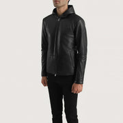 Matte Black Sheepskin Leather Hooded Jacket - Vue de dos avec coupe ajustée aux épaules &amp; ourlet soigné
