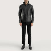 Vue détaillée of Hooded &amp; Zipper Hardware on Men's Andy Matte Noir Hooded Veste en Cuir pour Homme