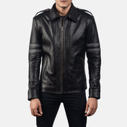 Armstrong Noir Veste Motard en Cuir pour Homme in Black Cowhide Leather - Vue de face &amp; silhouette ajustée | Acheter en ligne