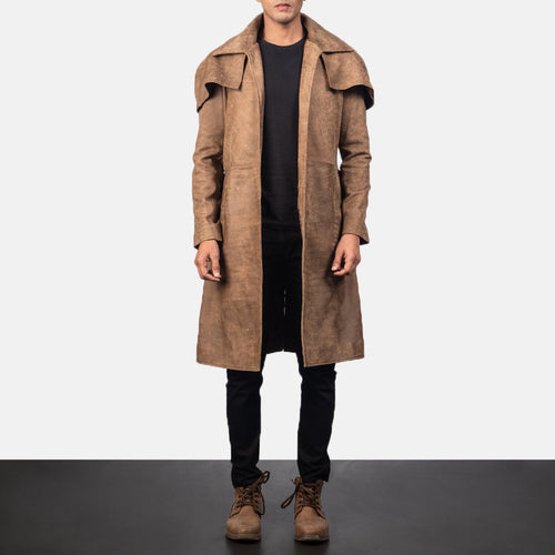 Men's Army Brown Leather Duster in Distressed Brown Sheepskin Snuffed - Front Profile View & Tailored Silhouette | Buy Online
