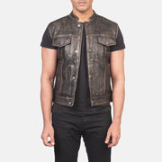 
Atlas Moto Marron Vieilli Gilet en Cuir pour Homme in Distressed Brown Sheepskin Leather - Vue de face & silhouette ajustée | Acheter en ligne