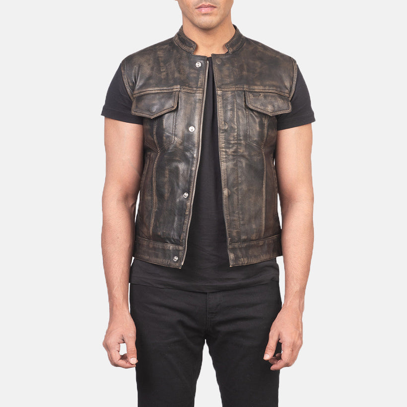 Men's Atlas Moto Distressed Brown Leather Vest in Distressed Brown Sheepskin Leather - Front Profile View & Tailored Silhouette | Buy Online