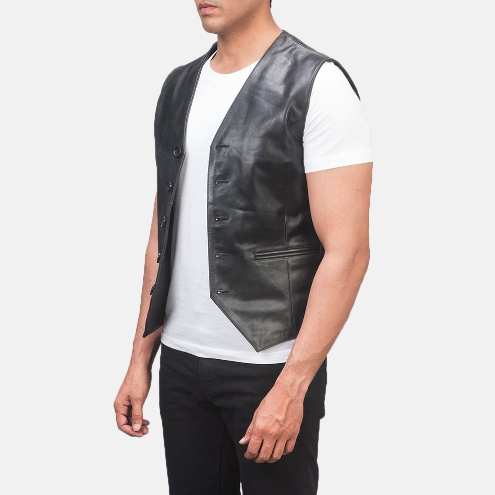 
Black Cowhide leather Vest - Vue arrière montrant la carrure ajustée et l'ourlet net