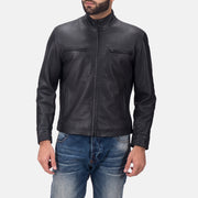 Austere Matte Noir Veste Motard en Cuir pour Homme in Black Calfskin Matte - Vue de face &amp; silhouette ajustée | Acheter en ligne