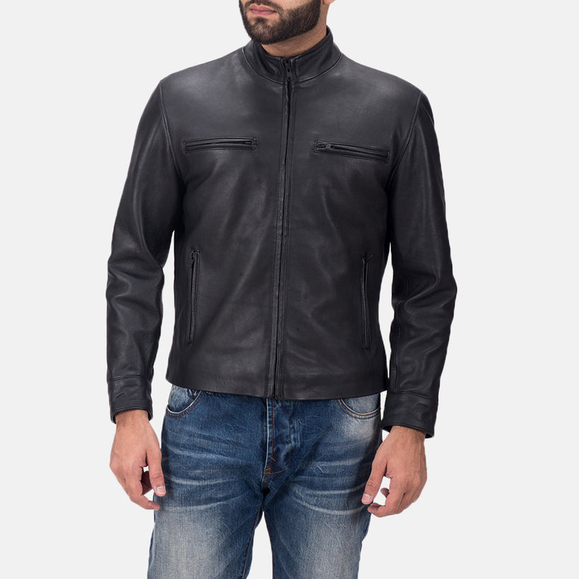 Austere Matte Noir Veste Motard en Cuir pour Homme