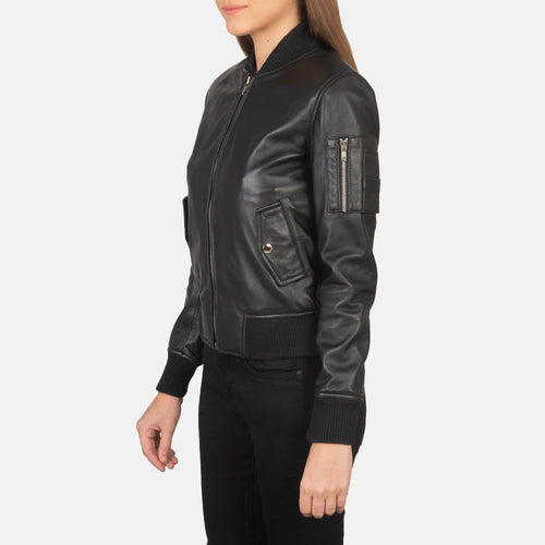 Black Sheepskin Leather Bomber Jacket - Back View Showing Tailored Shoulder Fit & Clean Hemline
