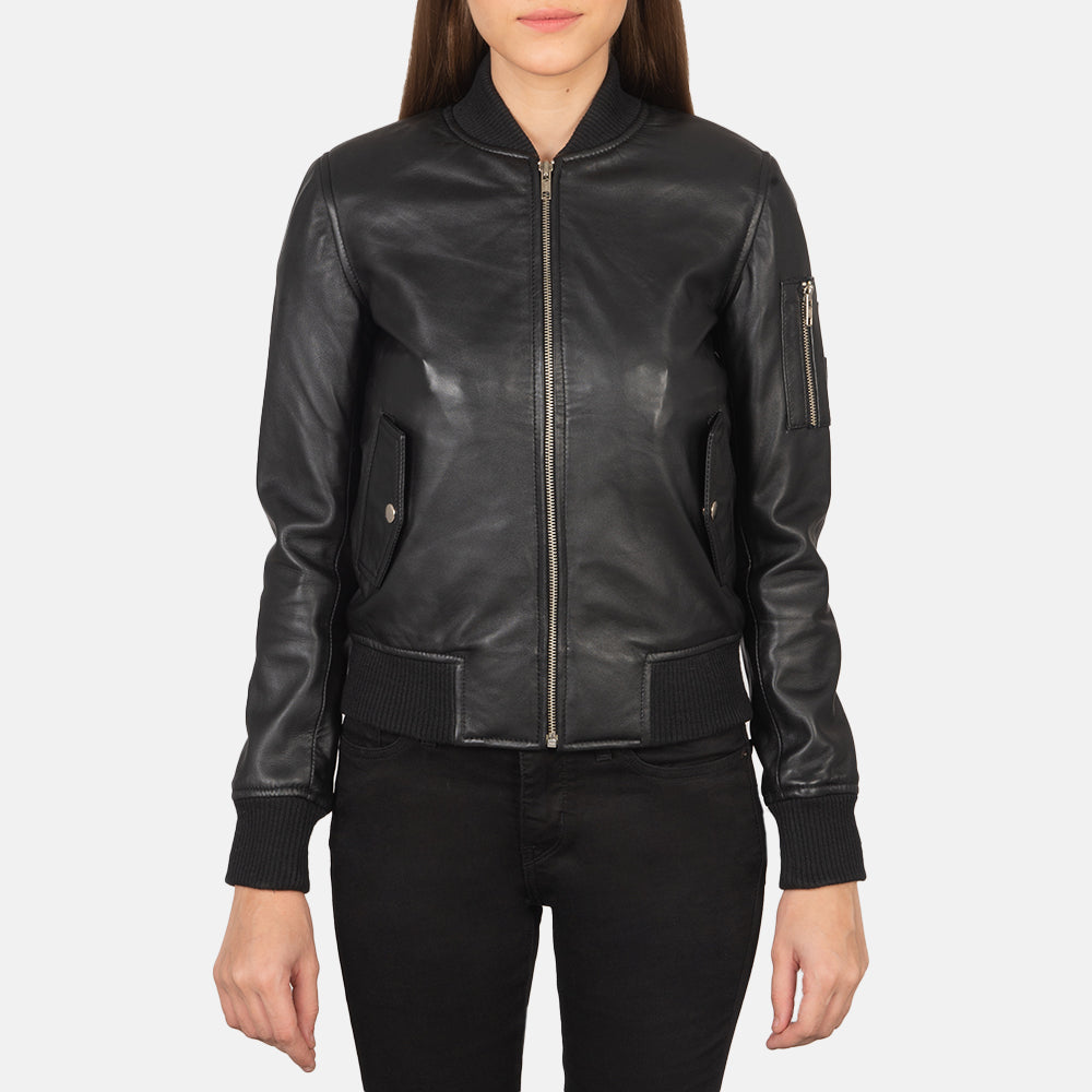 
Vue détaillée of Rib Knit & Zipper Hardware on Ava Ma-1 Black Leather Bomber Jacket