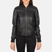 
Vue détaillée of Rib Knit & Zipper Hardware on Ava Ma-1 Black Leather Bomber Jacket