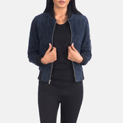 Women's Ava Ma-1 Blue Suede Bomber Jacket in Blue Sheepskin Suede - Vue de face &amp; silhouette ajustée | Acheter en ligne