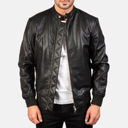 Avan Black Leather Bomber Jacket in Black Cowhide (Torso) &amp;Amp; Goatskin (Sleeves) Leather - Vue de face &amp; silhouette ajustée | Acheter en ligne