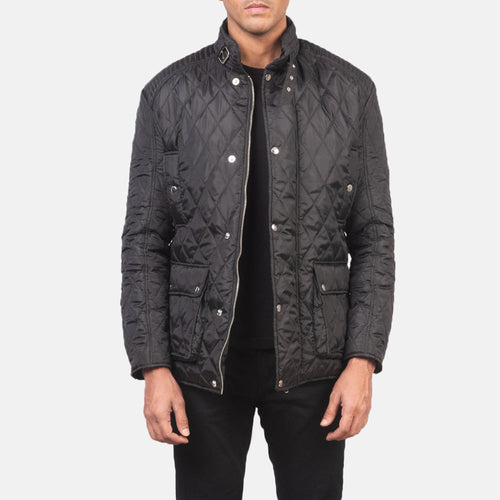 Men's Barry Quilted Black Windbreaker Jacket in Black Polyester - Front Profile View & Tailored Silhouette | Buy Online