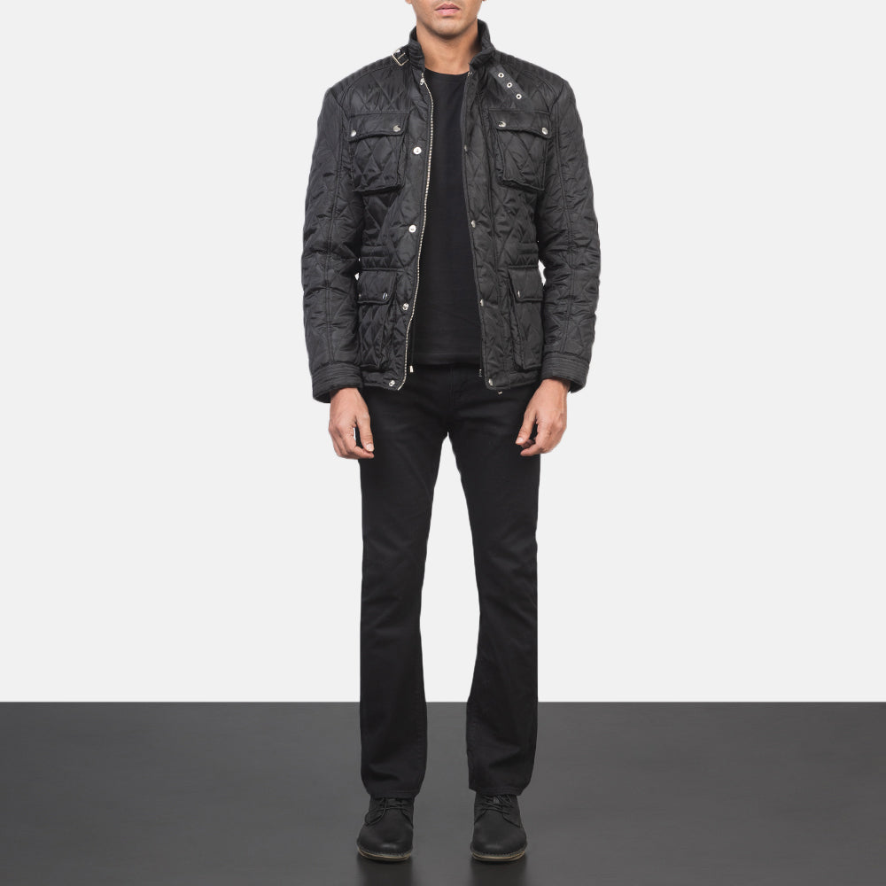 
Barry Matelassé Noir Windbreaker Veste en Cuir pour Homme - Vue de profil mettant en valeur la coupe de manche ergonomique