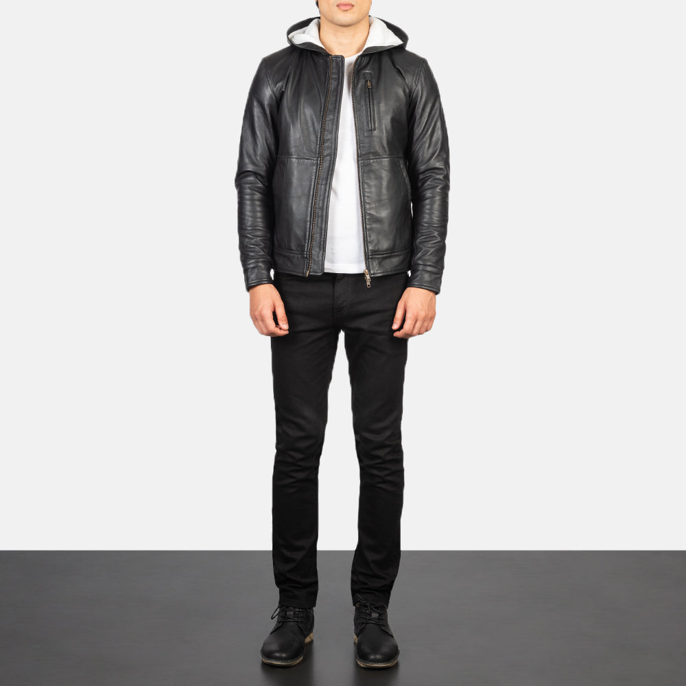 Men's Baston Black Hooded Leather Bomber Jacket - Vue de profil avec coupe de manche ergonomique