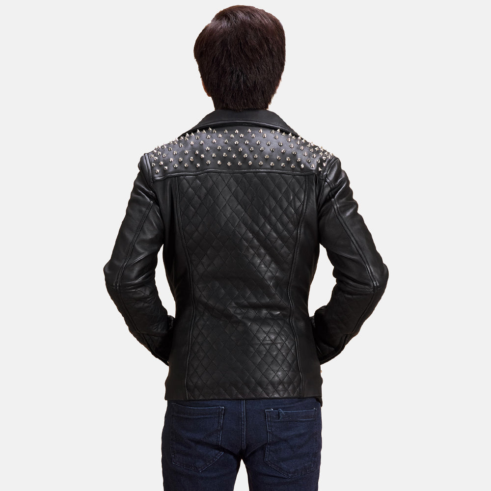 Vue détaillée of Notch &amp; Zipper Hardware on Men's Noir Studded Veste Motard en Cuir pour Homme