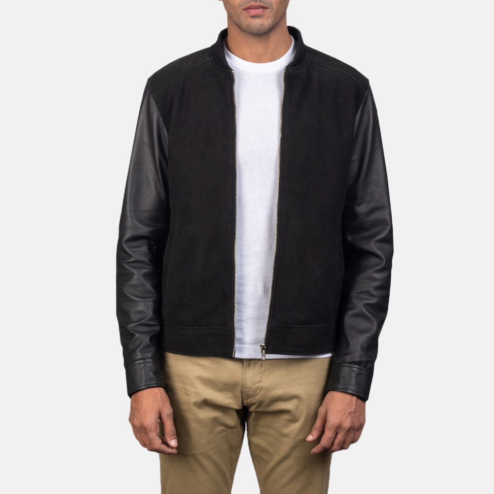 Men's Blain Brown Suede Bomber Jacket in Brown Goatskin Suede - Vue de face &amp; silhouette ajustée | Acheter en ligne