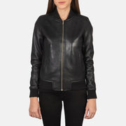 
Vue détaillée of Varsity - Rib Knit & Zipper with Wind Flap Hardware on Bliss Noir Blouson Bombardier en Cuir pour Femme