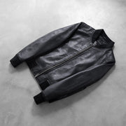 
Rib Knit & Hem Craftsmanship Construction Detail on Bliss Noir Blouson Bombardier en Cuir pour Femme