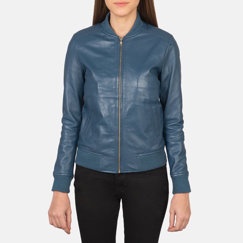 Vue détaillée of Varsity - Rib Knit &amp; Zipper with Wind Flap Hardware on Women's Bliss Bleu Blouson Bomber en Cuir pour Femme