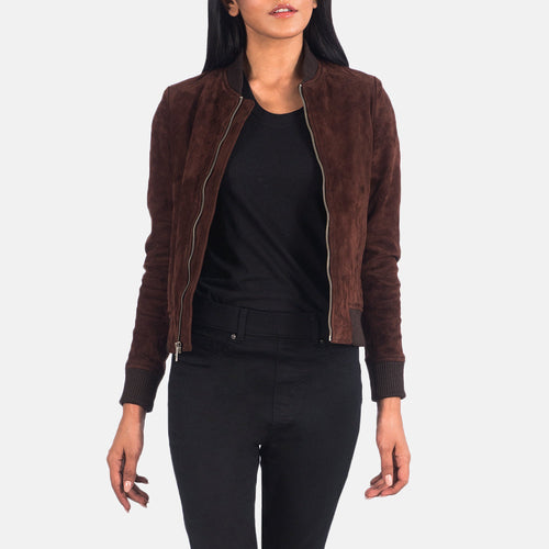 Women's Bliss Brown Suede Bomber Jacket in Brown Goatskin Suede - Front Profile View & Tailored Silhouette | Buy Online