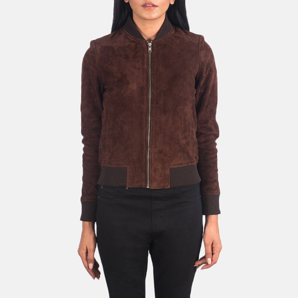 Vue détaillée of Varsity - Rib Knit &amp; Zipper with Wind Flap Hardware on Women's Bliss Marron Suede Blouson Bomber en Cuir pour Femme