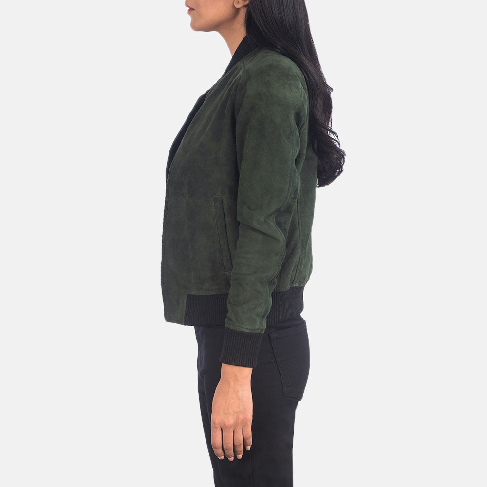 Green Goatskin Suede Bomber Jacket - Vue de dos avec coupe ajustée aux épaules &amp; ourlet soigné