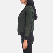 Green Goatskin Suede Bomber Jacket - Vue de dos avec coupe ajustée aux épaules &amp; ourlet soigné