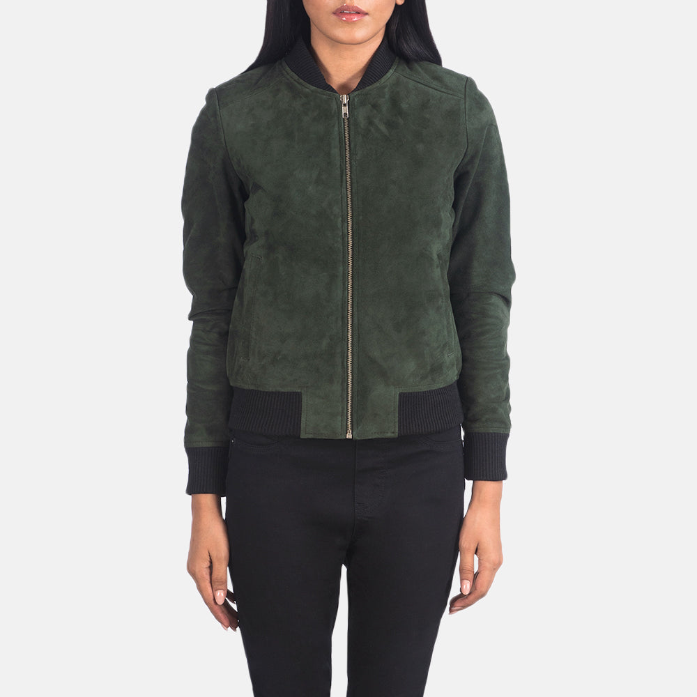 Vue détaillée of Varsity - Rib Knit &amp; Zipper with Wind Flap Hardware on Women's Bliss Vert Suede Blouson Bomber en Cuir pour Femme