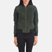 Vue détaillée of Varsity - Rib Knit &amp; Zipper with Wind Flap Hardware on Women's Bliss Vert Suede Blouson Bomber en Cuir pour Femme
