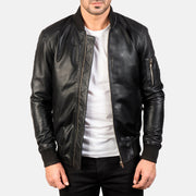 Men's Bomia Ma-1 Black Leather Bomber Jacket in Black Sheepskin Leather - Vue de face &amp; silhouette ajustée | Acheter en ligne