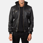 
Bouncer Biz Black Leather Hooded Bomber Jacket in Black Cowhide Leather - Vue de face & silhouette ajustée | Acheter en ligne