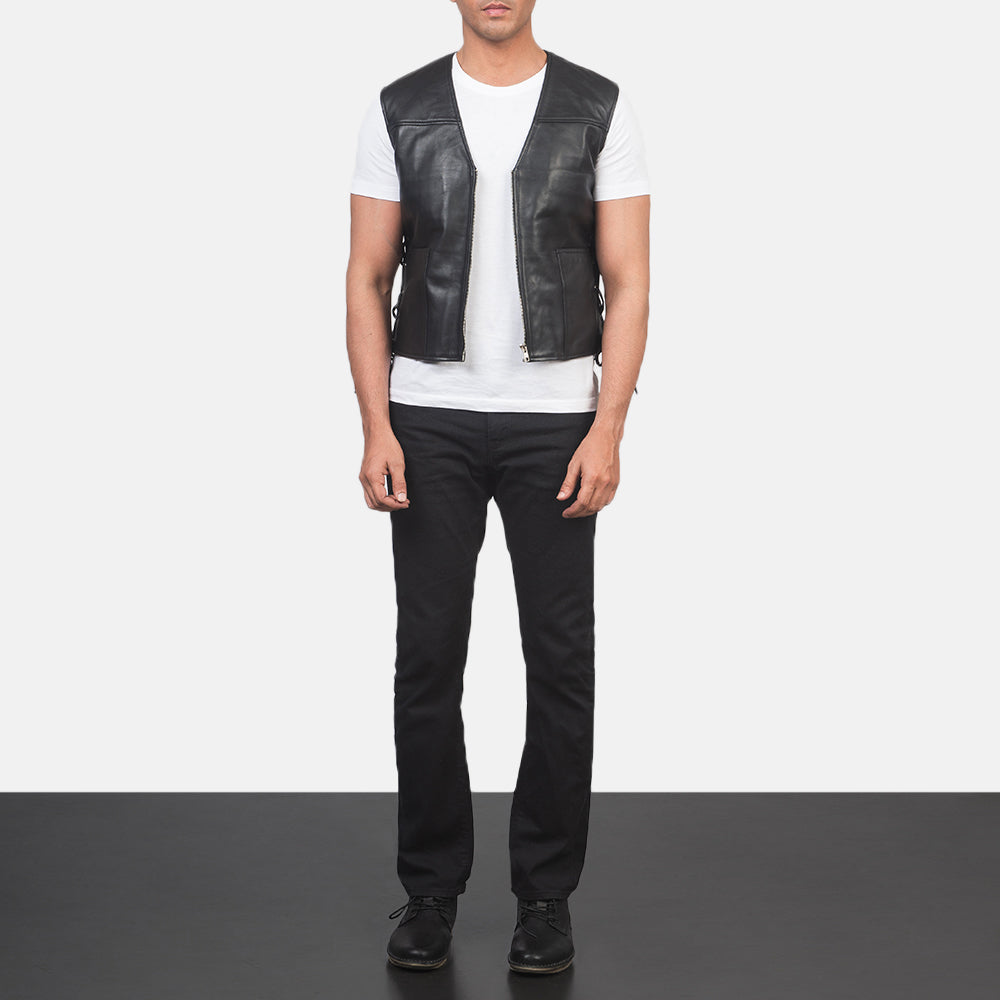 Men's Brandon Noir Gilet en Cuir pour Homme - Vue de profil avec coupe de manche ergonomique
