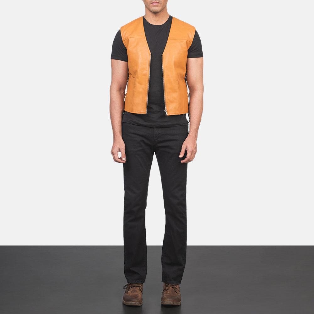 Men's Brandon Camel Marron Gilet en Cuir pour Homme - Vue de profil avec coupe de manche ergonomique