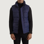 Bryan Bleu Puffer Vest pour Homme in Blue Full-Grain Leather - Vue de face &amp; silhouette ajustée | Acheter en ligne